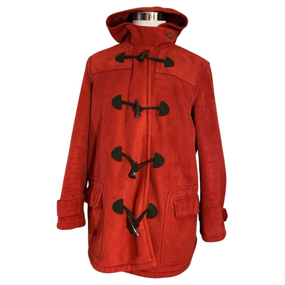 Chaps Hooded Suede Jacket Women’s Size XL Red Toggle Button Faux Fur Lining